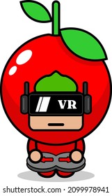 cherry fruit mascot costume vector cartoon character playing virtual reality game