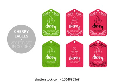 Cherry fruit Natural store labels set in green, red colors. Cartoon Advertising hundred percent organic Stickers. fruit Badges with Hand drawn cherry with little Eco leaves ready for web and Print