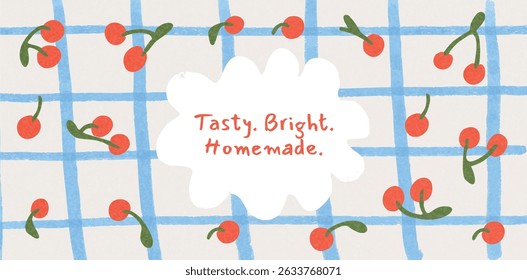 Cherry fruit pairs with stems on blue checkered grid, white cloud shape in center with text. Homemade organic fruit decor for banner, ad, label, packaging. Vector seamless illustration.