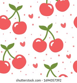 Cherry fruit pattern, cute heart fruit cartoon seamless background with dot, Vector illustration