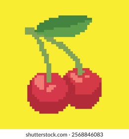cherry fruit pixel art, vector illustration on isolated background.
