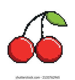 cherry fruit pixel icon isolated