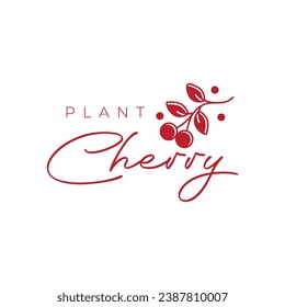 cherry fruit plant feminine style line flat simple minimal logo design vector illustration