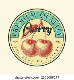 Cherry fruit print. Nature fruit club print design.  Vector for silkscreen, dtg, dtf, t-shirts, signs, banners, Subimation Jobs or for any application. vintage graphics print art