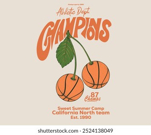 Estampado de cereza. Diseño de impresión de frutas de Naturaleza. Liga universitaria de baloncesto. Antiguas ilustraciones para ropa deportiva. Fruta de cereza. Logotipo del deporte. Diseño de camiseta de Vector del club de baloncesto dominical. Te quiero mucho, cereza.