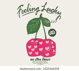 Estampado de cereza. Estampado de frutas de Naturaleza. Ropa de diseño de impresión gráfica de dados, pegatinas, carteles y fondo. Obra de arte de la tarjeta del amor. Encuentra tu pareja perfecta. Qué suerte. Dulce cereza. 