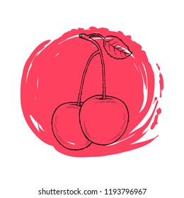 Cherry fruit with red abstract circle round background. Concept for eco healthy organic food. Print sketch cartoon line art hand drawn vector illustration