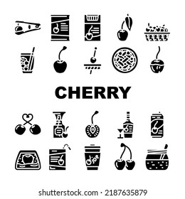 los iconos de la hoja de baya blanca y de la fruta de cerezo establecen el vector. flor agria, rama de primavera fresca, comida dulce de flor, árbol de la naturaleza, jugoso verano maduro fruta de cerezo rojo hojas de berry blanca pictograma de glifo Ilustraciones