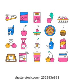 cherry fruit red white berry leaf icons set vector. sour flower, fresh spring branch, blossom sweet food, nature tree, juicy summer ripe cherry fruit red white berry leaf color Contour Illustrations