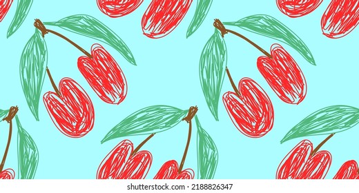 Cherry fruit seamless pattern. Food sketch illustration. Natural background