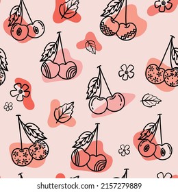 Cherry fruit seamless pattern. Cherry with leaf hand drawn repeated backdrop. Whole fruit and cut half. Food template for background, textile, wrapping paper, wallpaper.