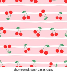 Cherry fruit seamless pattern on stripe line background vector illustration.