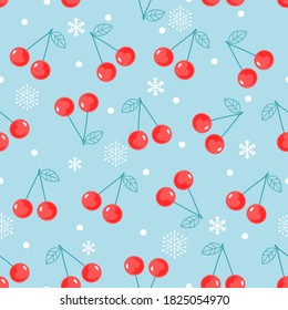 Cherry fruit seamless pattern with snowflakes on a blue background vector illustration.