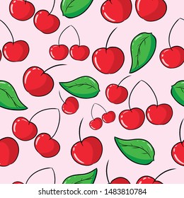 Cherry Fruit seamless pattern vector with pink background drawn by hand