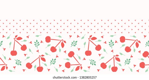 Cherry fruit seamless vector border pattern background. Hand drawn tossed paper cut out ribbon trim. Matisse style. 1950s garden folk art summer background. Scandi kids nature fashion banner edging. 