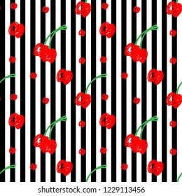 Cherry fruit seamless vector pattern with concept of healthy eating.
Drawing by freehand with illustrator programs.
Food texture.