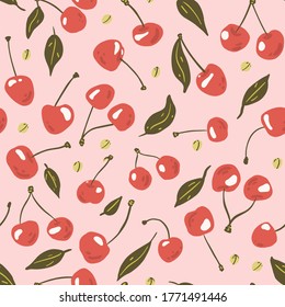 Cherry fruit seamless vector pattern in flat style. Texture for - fabric, wrapping, textile, wallpaper, apparel. 