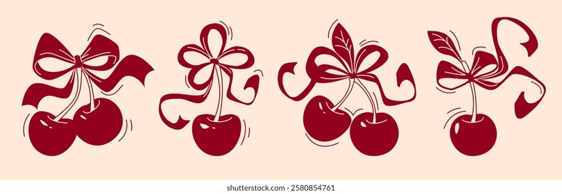 Cherry fruit set with decorative ribbon bows in dark red silhouette style. Sweet berries tied with flowing ribbons on pastel background. Minimalist design elements for t shirt or packaging decoration.