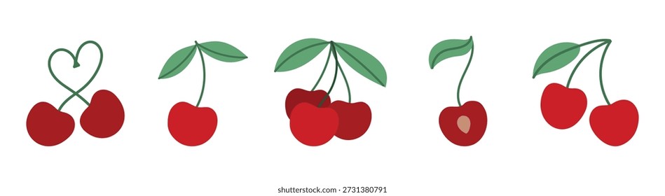 Cherry fruit set. Ripe red cherries with leaves and stem, sweet summer berry collection. Fresh healthy food element. Flat vector illustration isolated on white background.