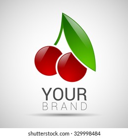 Cherry fruit sphere with green leaf logo, volume icon design template element.