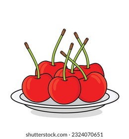 Fruto de cerezo. Dulce cerezo con plato. Icono de la fruta de cerezo rojo símbolo del logotipo ilustración de la caricatura fondo