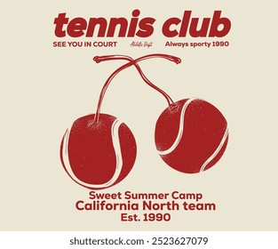 Club de tenis Cherry Fruit.  Dulce diseño gráfico de la liga de tenis de verano. Torneo de raquetas de letras universitarias.