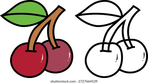 Ilustración vectorial de la fruta de la cereza con el contorno y la versión coloreada aislada en el fondo blanco. Cerezas lindas de la historieta con la hoja, conveniente para el diseño de la comida, logotipo, icono, empaquetado, etiqueta engomada, ilustración de los niños, y concepto sano del estilo de vida.