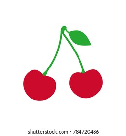 Cherry fruit vector illustration. Sweet cherries on green stalk with leaf. Cherries graphic print.