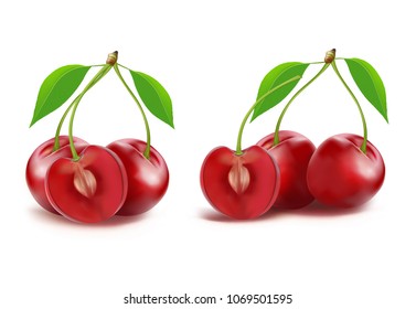 Cherry fruit vector of ripe red cherry isolated on white background, Vector 3D illustration icons set.