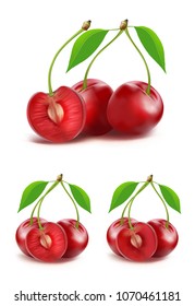 Cherry fruit vector of ripe red cherry isolated on white background, Vector 3D illustration icons set.