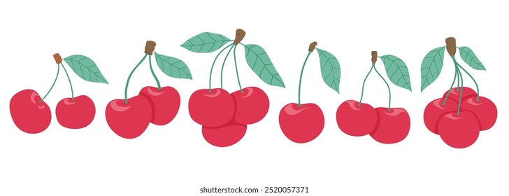 Cherry fruit vector set cute cartoon style. isolated on white background.