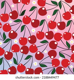 Cherry fruit and white flower seamless pattern on gradient background