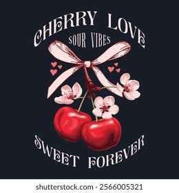 cherry fruit and white flowers, Girls graphics for fruit design, cherry bow with slogan typography, fashion graphic prints for cherries fruit cute t-shirt pattern, vintage food fashion for t-shirt