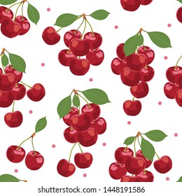 Cherry fruits bunch seamless pattern, Fresh organic food, Red fruits berry pattern on white. Vector illustration.