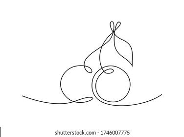 Cherry fruits in continious line art drawing style isolated on white background. Vector minimalistic linear illustration of cherries made of one line