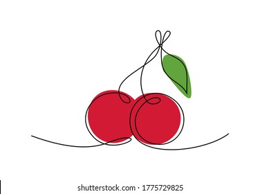 Cherry fruits in continious one line art drawing style for logo isolated on white background. Minimalistic wall art, colorful poster. Vector illustration