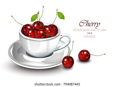Cherry fruits in a cup realistic Vector fruits. Sweet detailed illustrations
