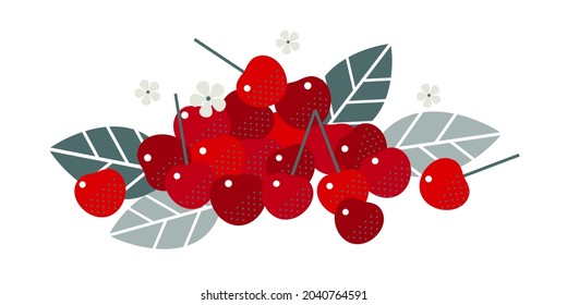 Cherry fruits. Flat illustration. Ripe berries, leaves and flowers.