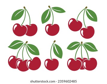 Cherry fruits icon graphics set. Cartoon cherries symbol fruit nature tasty cherrie ripe healthy cherri label isolated vector illustration