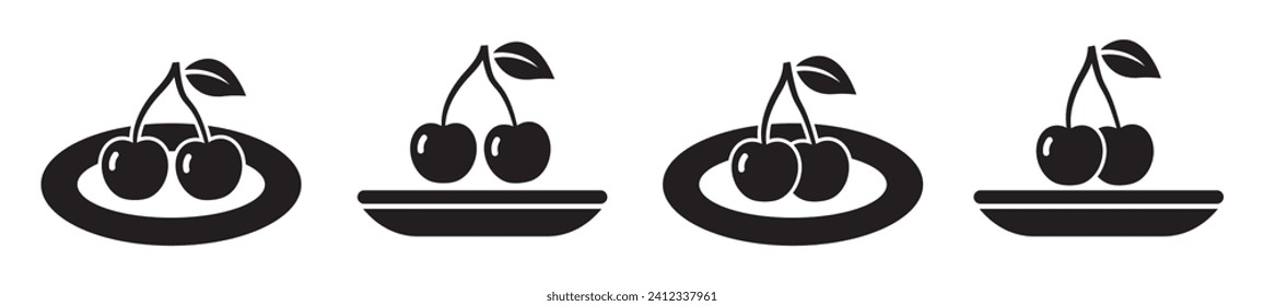 Cherry fruits on plate set icon, vector illustration