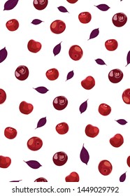 Cherry fruits seamless pattern with red violet leaves, Fresh organic food, Red fruits berry pattern on white. Vector illustration.