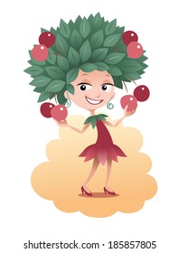Cherry Girl. Cartoon girl with a cherry-tree instead of a hair on her head, smiling and holding cherry-fruits.