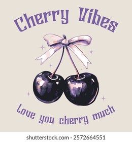 cherry Girls graphics for fruit design, cherry bow with slogan typography, fashion graphic prints for cherries fruit cute t-shirt pattern, vintage food fashion slogan print for t-shirt