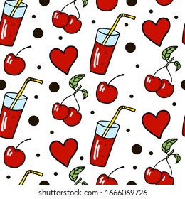 Cherry, glass with juice, heart and dots. Vector seamless pattern isolated on white background. Cartoon doodle style. Illustration for summer scrapbooking, Gift Wrap, Fashion Prints, Apparel.