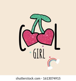 cherry glitter black text line color star rainbow girl tee illustration art vector