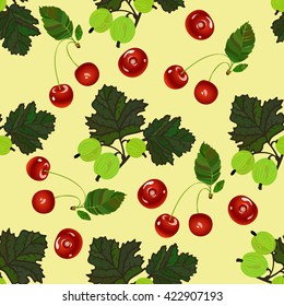 Cherry and gooseberry seamless pattern. Realistic illustration of red cherries and green gooseberries. Vector texture for textile, wrapping, wallpapers and other surfaces.