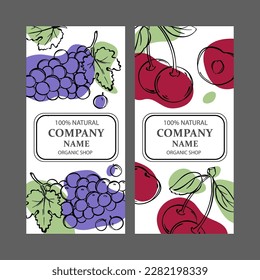 CHERRY AND GRAPE Label Templates Design Of Stickers For Shop Of Tropical Organic Natural Fresh Juicy Fruits Wine And Dessert Drinks In Vintage Vector Collection