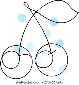 Dibujo de estilo de contorno gráfico de cereza con ilustración de diseño de burbujas azules
