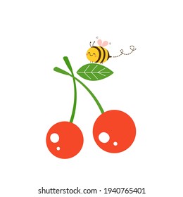 Cherry with green leaf and bee cartoon isolated on white background vector illustration.