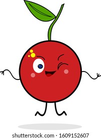 cherry with green leaf cartoon character in a jump on a white background food and fruit concept